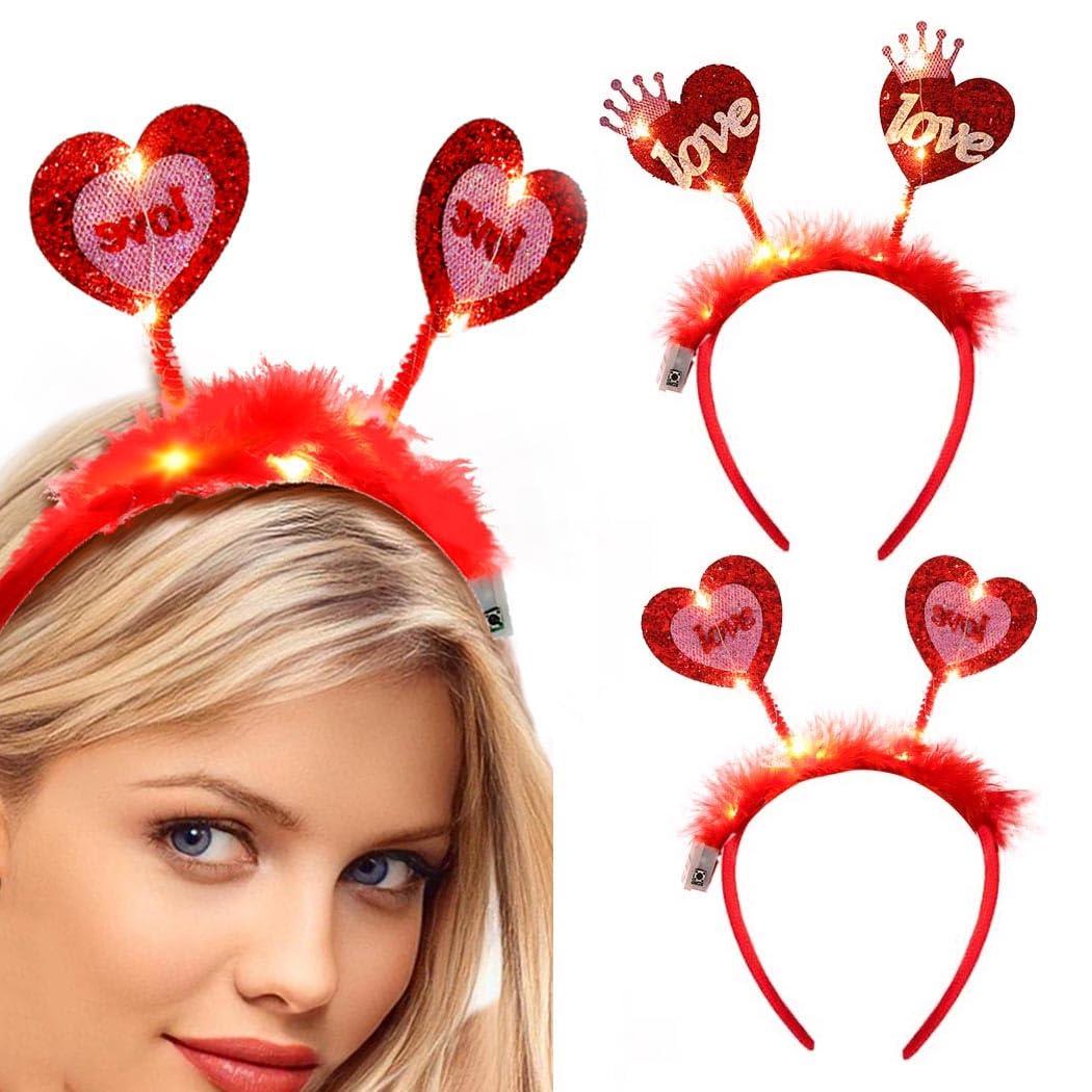 Fdesigner Fdesigner Heart Headband Red Light Up Valentine Hair Band Love Feather Hair Hoop Women Cute Heaadpiece Sequins Party Hair Accessories Costume Holiday Gift (Cute)