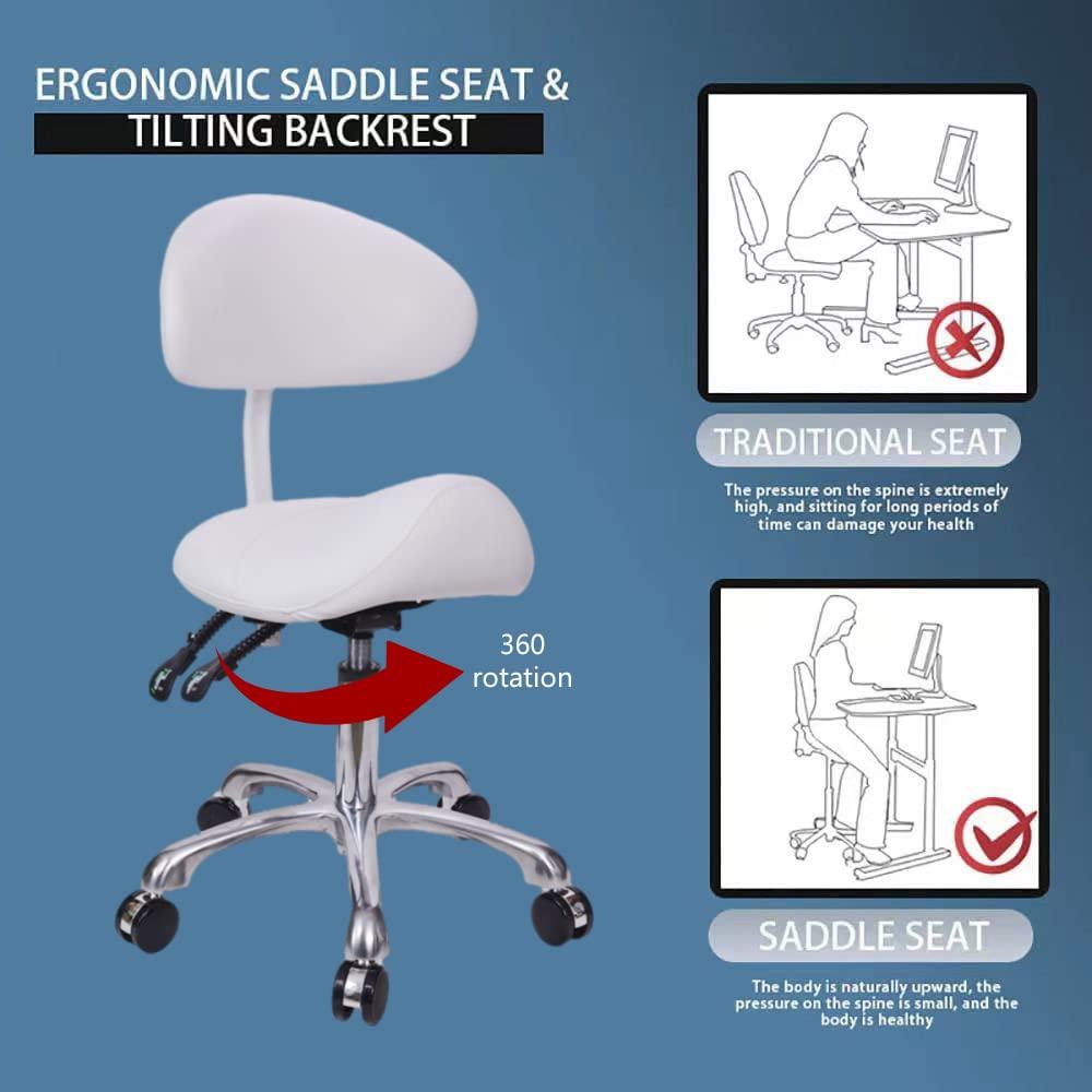 MWOSEN MWOSEN Saddle Stool Chair with Back Rolling Esthetician Seat for Salon Tattoo Shop Spa Facial lash Home Dentist Clinic Esthetician Chair(with Back Support, White)