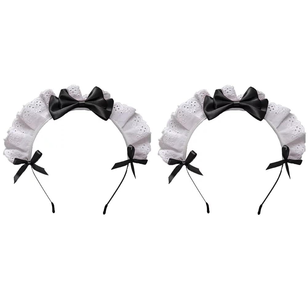 Juroicessry 2Pc Black Women Girls Lolita Headband Lace Bow Hair Band Maid Anime Cosplay Headwear Ribbon Bowknot Women\'s Fashion Headbands Cute Hair Band Party Hair Accessories