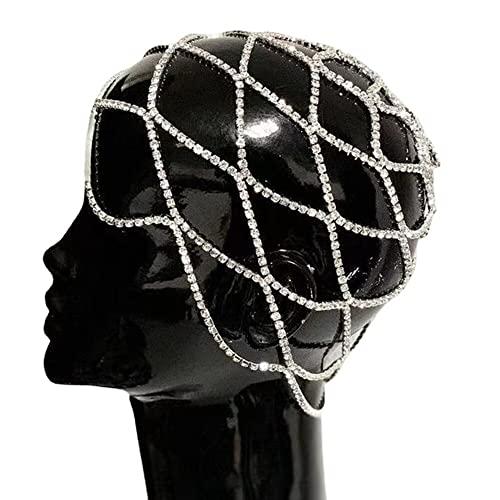 Xerling Xerling Rhinestones Tassel Cap Headpiece 1920s Flapper Head Chain Bridal Hair Accessories Silver Crystal Cleopatra Head Jewelry for Women (Type C Silver)