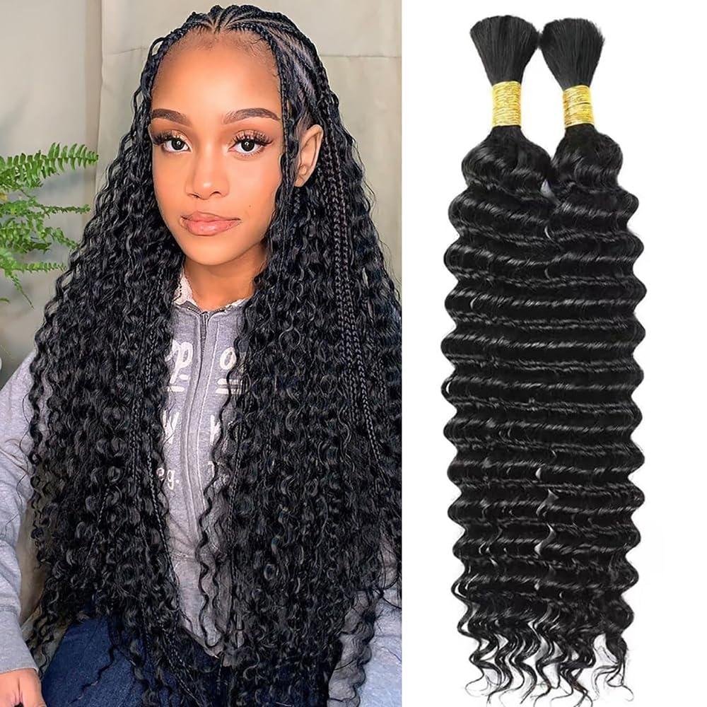 FDX FDX Human Braiding Hair for Boho Braids 18 Inch Deep Wave Bulk Human Hair for Braiding 2 Bundles Bohemian Boho Hair for Braiding 100% Brazilian Curly Wet and Wavy Human Braiding Hair 1B Black