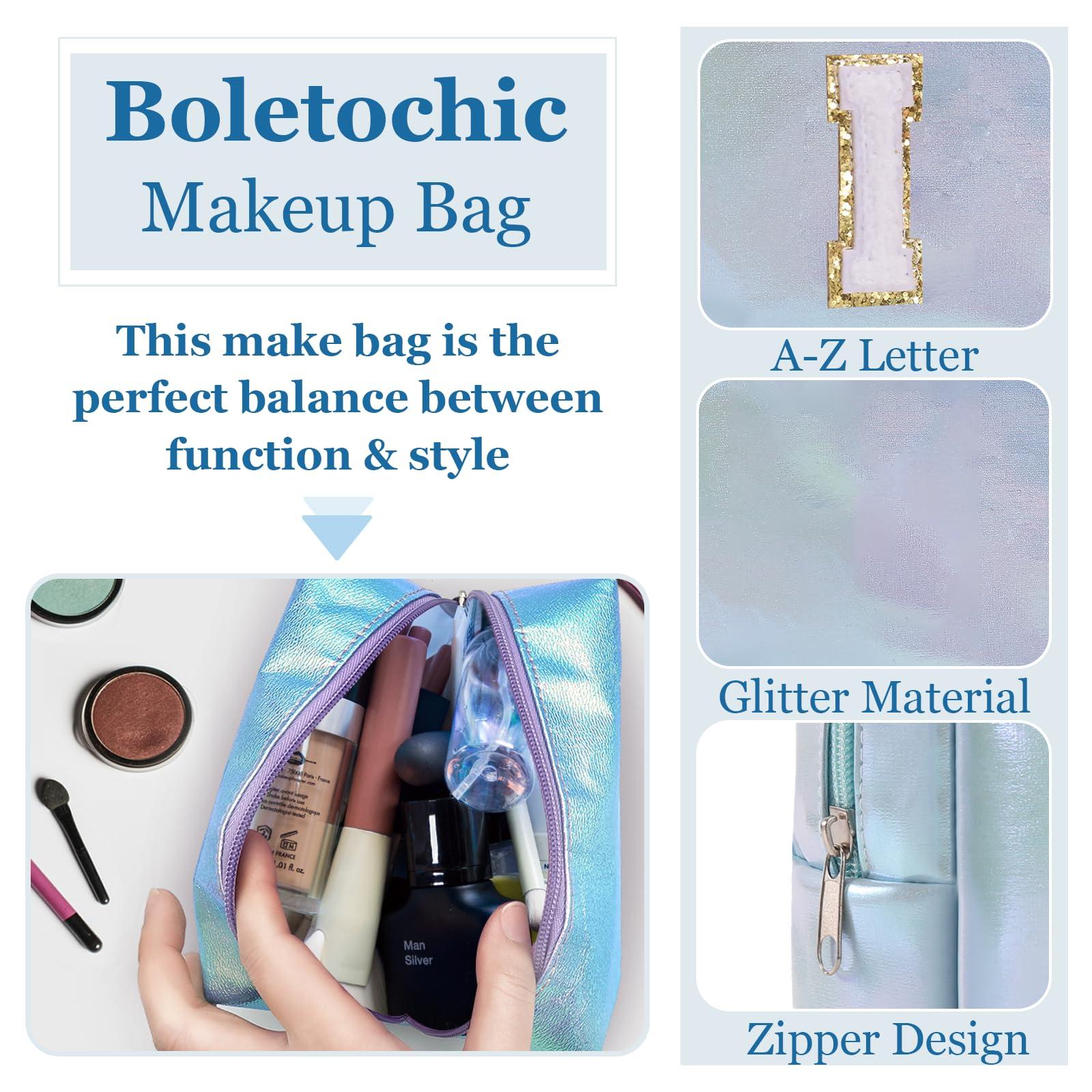 Boletochic Personalized Initial Makeup Bag, Letter Zipper Cosmetic Bag for Womens, Preppy Makeup Bags, Glitter Waterproof Cute Makeup Pouch, Travel Makeup Bags for Mother\'s Day Birthday GiftsLetter I)