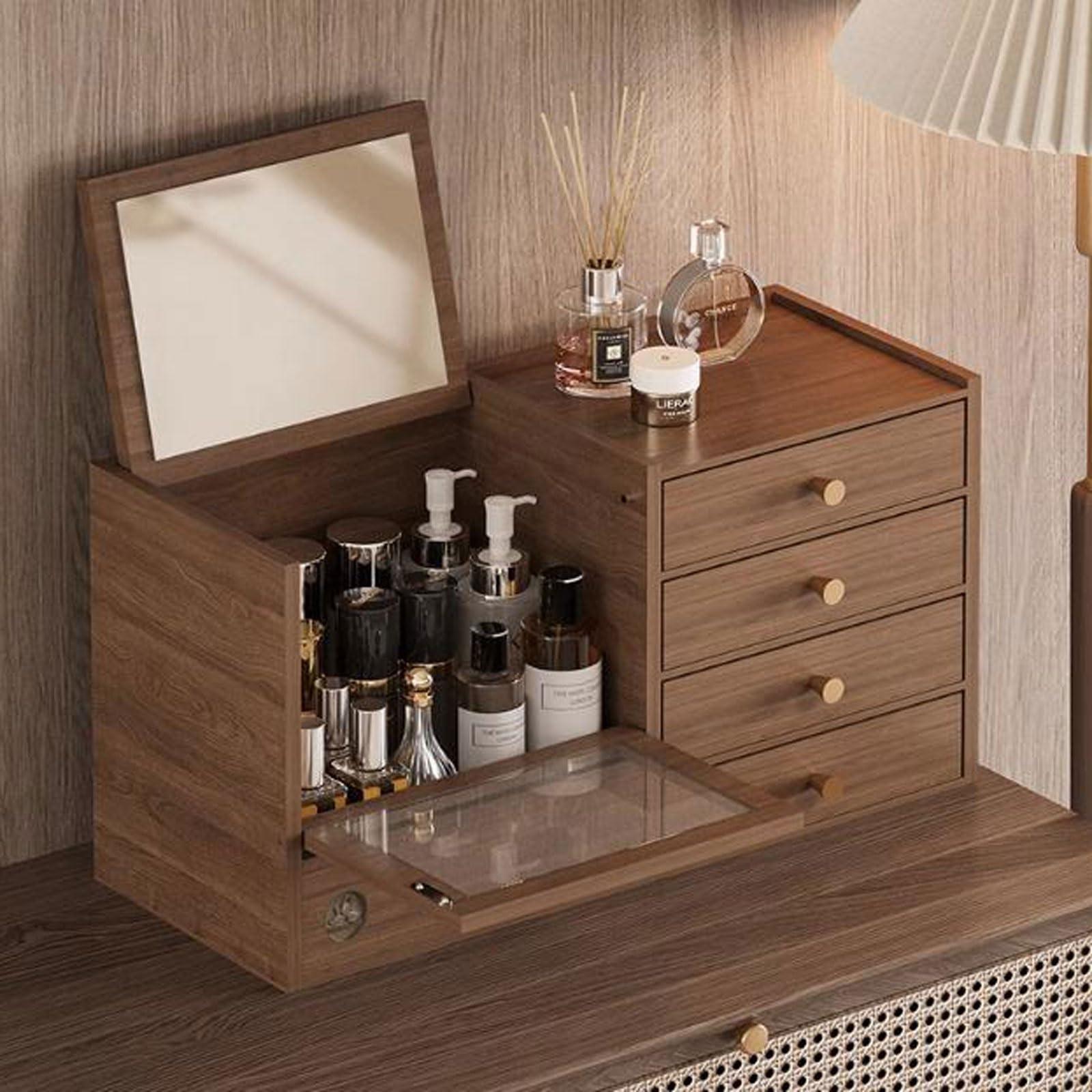 SGUM-SR Makeup Storage Organizer Wooden Makeup Organizer with 4 Drawers and Built-in Mirror, Sturdy Solid Wood Storage Box for Makeup, Accessories, Jewelry and More, Compact Dressing Table Organizer Cosmetics