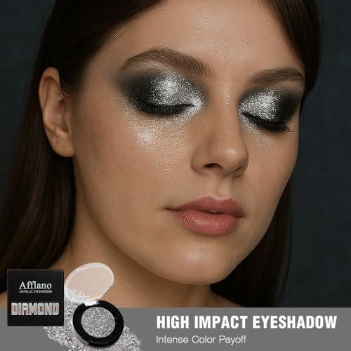 Afflano Afflano Silver Glitter Eyeshadow Super Pigmented, Intense Color Gray Silver Eyeshadow Palette Single, Long Lasting Sparkle Shimmer Metallic Glitter Eyes Look, Blendable Neutral Grey Eye Shadow Makeup