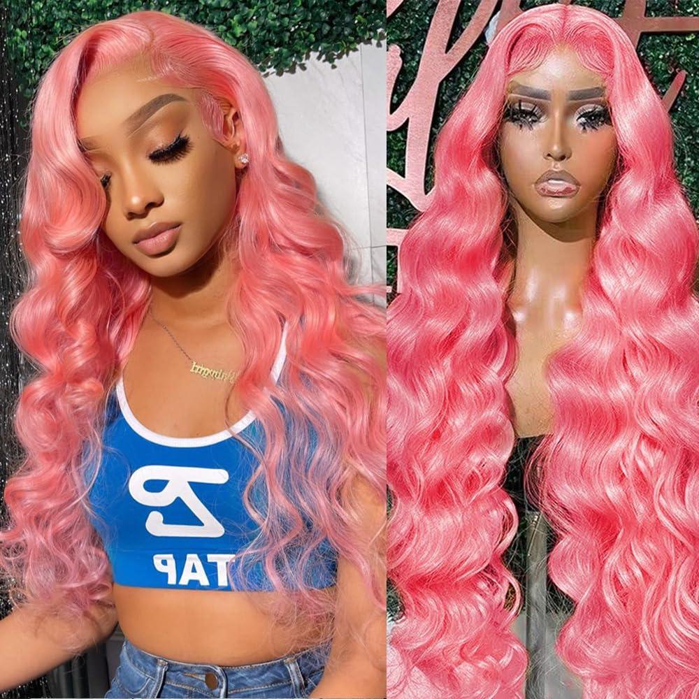 Otinid Pink Lace Front Wig - Human Hair, 13x4 HD Lace Frontal, Pre-Plucked Body Wave, 180% Density, Glueless, 28 Inch