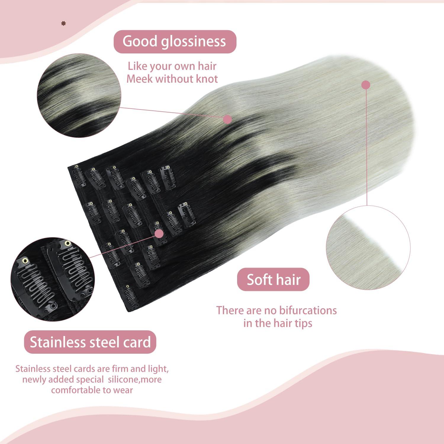 HUAYI HUAYI Black and Silver Ombre Clip in Hair Extensions Real Human Hair 120g Black to Grey Remy Human Hair Clip in Extensions 14 Inch Soft Silky Straight 7pcs 16clips One Pack (Black/Silky/Gray)
