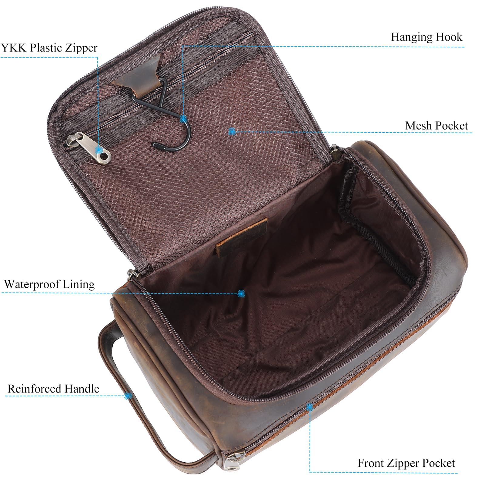 TIDING TIDING Men\'s Leather Hanging Toiletry Bag Portable Travel Dopp Kit Cosmetics Makeup Toiletries Organizer Shaving Kit Wash Bag