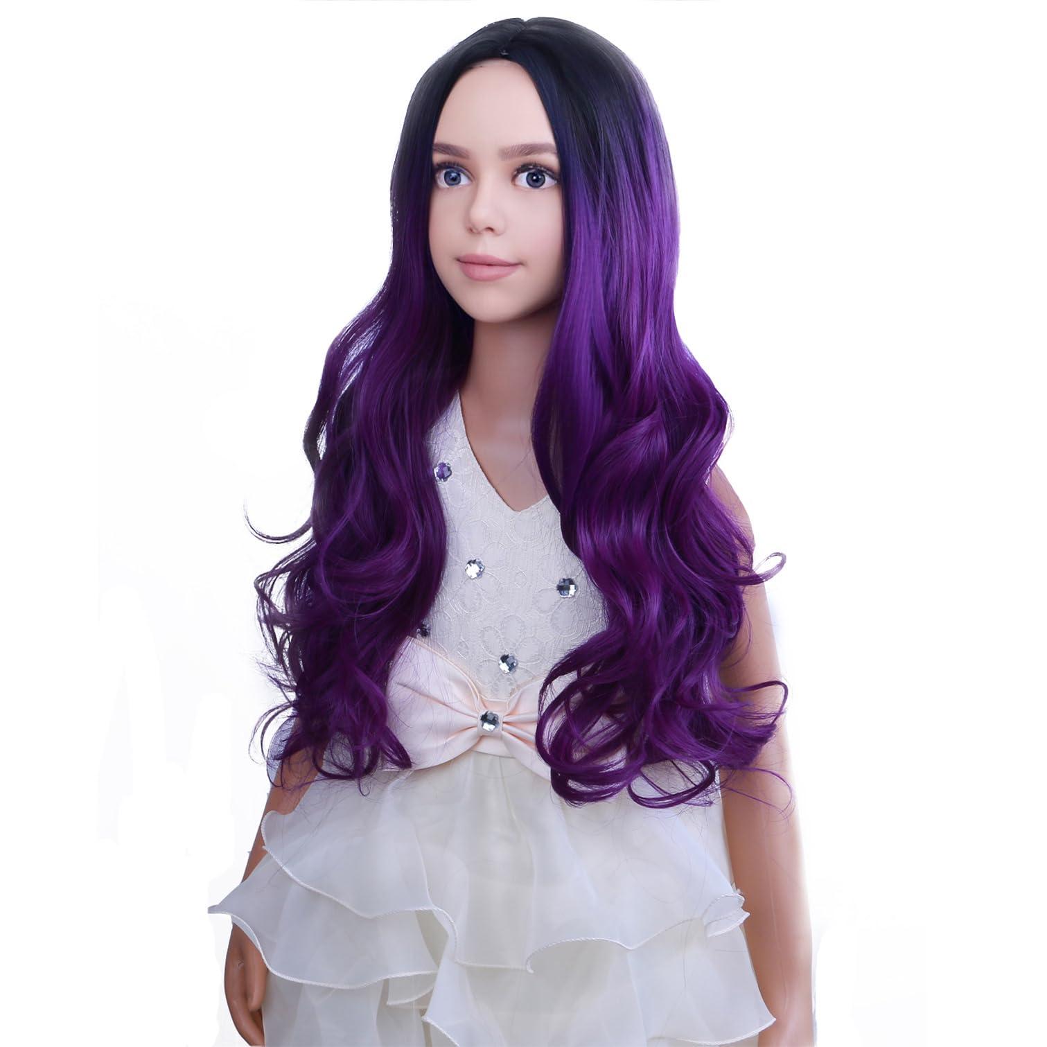 PATTNIUM PATTNIUM Dark Purple Wig Kids Child Wig Long Curly Wavy Wig Ombre Purple Wig Middle Part Girls Wig Black to Purple Wigs Heat Resistant Synthetic Hair Wig with Wig Cap