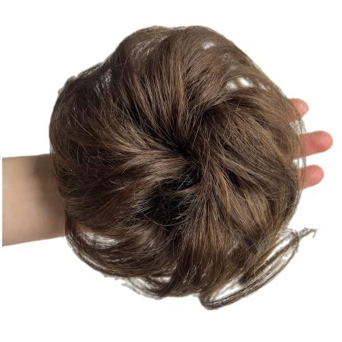 AYunhe 100% Human Hair Messy Bun Extension Tail, Messy Hair Bun Hair Scrunchies Extension with Fringe Curly Wavy Chignon for Women Wedding Tousled Updo Hairpiece (Dark Brown)