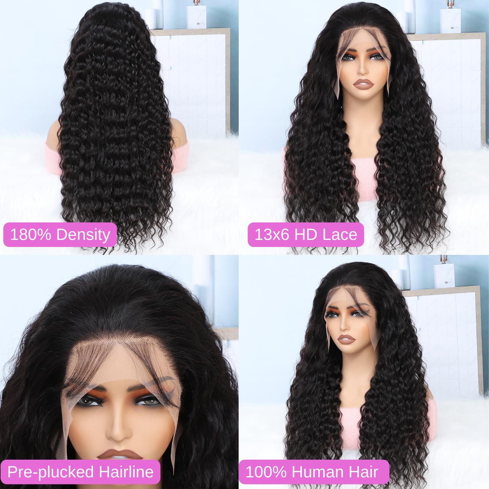 tsiyu tsiyu 26 Inch 13x6 Full Lace Front Wigs Human Hair Pre Plucked Deep Wave 180 Density HD Lace Frontal Wig With Baby Hair Transparent Glueless Deep Curly Human Hair Wigs for Women