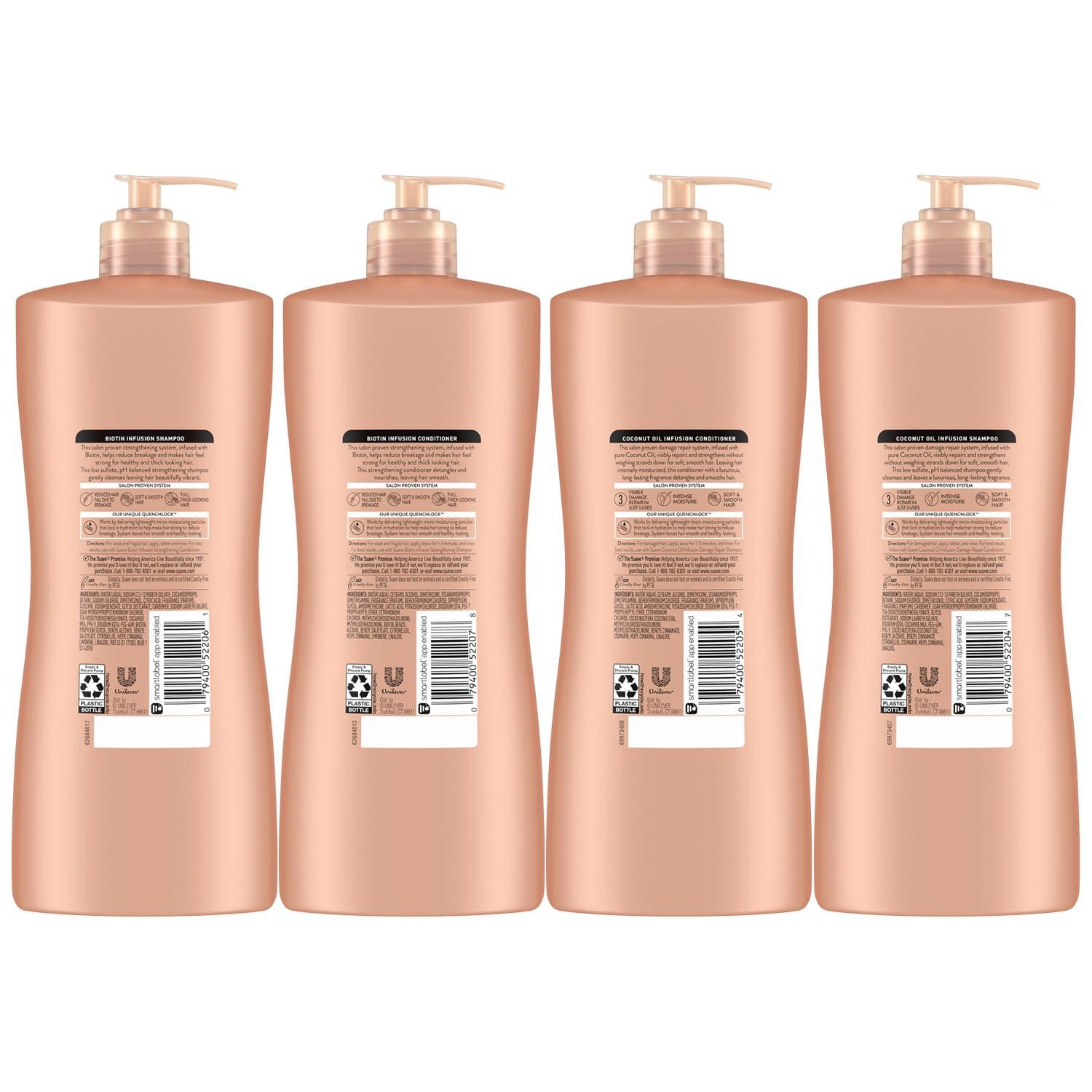 Suave Suave Shampoo and Conditioner Set, Coconut Oil Infusion + Biotin Infusion Hair Repair & Strengthening Hair Care Bundle, 28 Oz Ea (4 Piece Set)