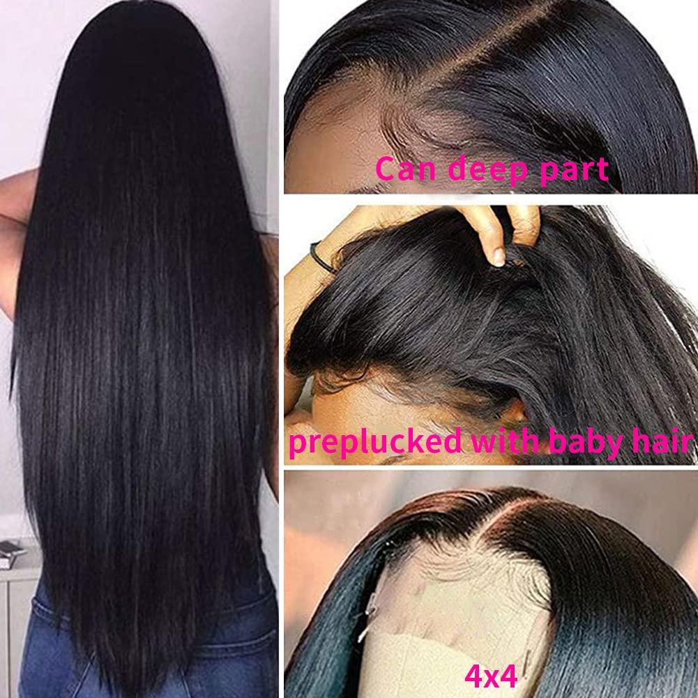 INLUV Straight 4x4 Lace Closure Only Three Part Lace Frontal Closure Unprocessed Brazilian Human Hair Closure HD Transparent Swiss Lace Closure with Baby Hair Natural Black Color (14 inch)