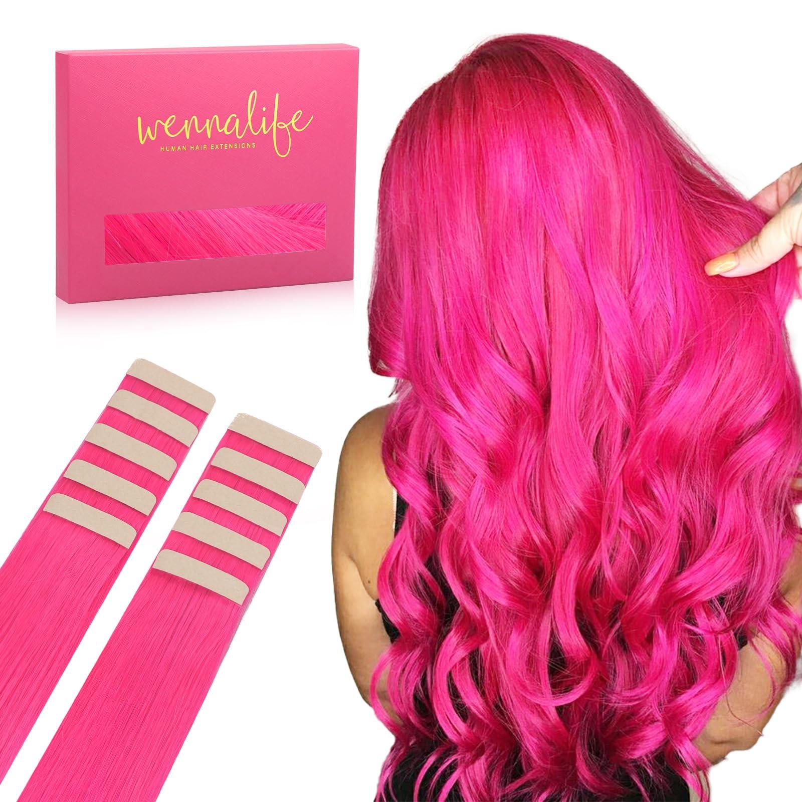 Wennalife WENNALIFE Tape in Hair Extensions Human Hair Hot Pink Tape in Extensions, 10pcs 25g 16 inch Remy Invisible Tape Ins Straight Colored Soft Real Human Hair Tape in Extensions Refill Set Extensions