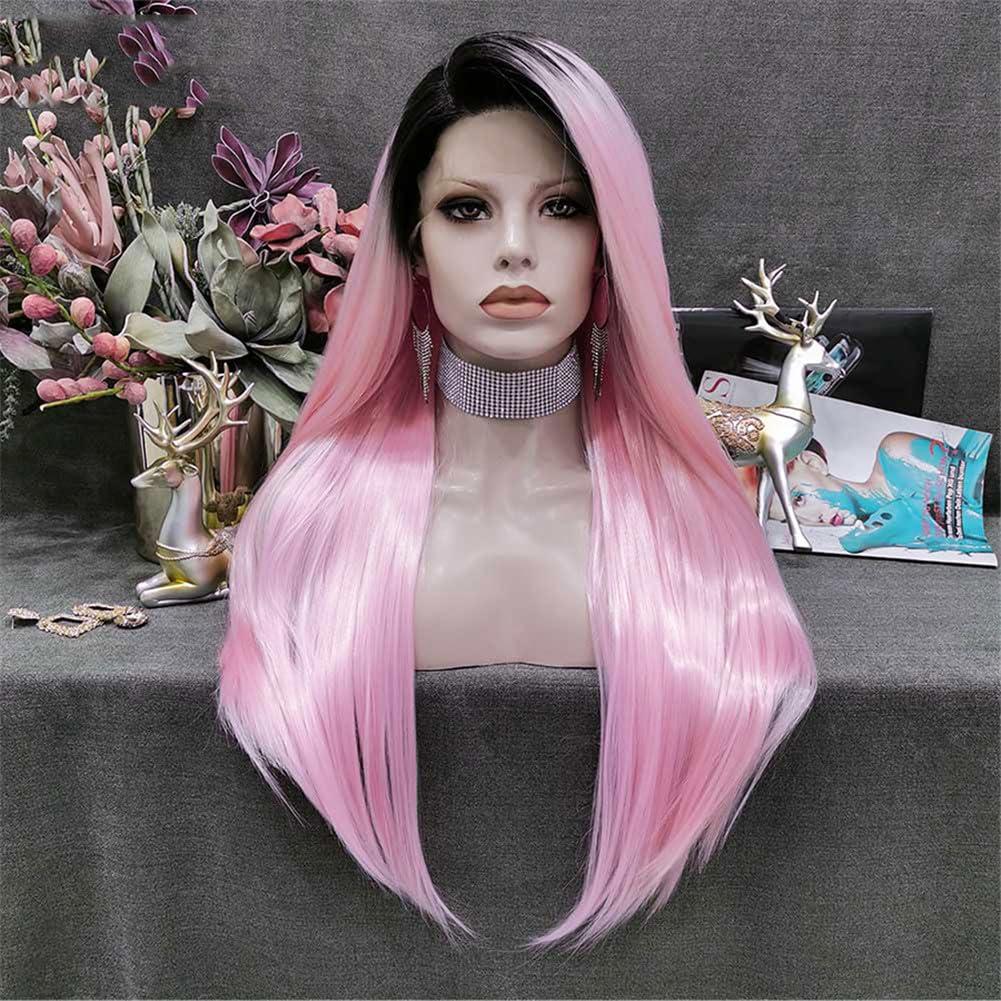 Generic Pink Wig Synthetic Lace Front Wig Dark Root Straight Hair Wigs 24 Inch Cosplay Wigs For Women Pink Lace Front#24inches