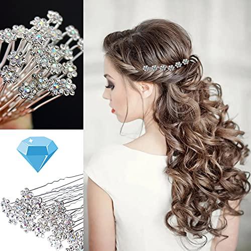 Songqee 40 Pieces Wedding Flower Hair Pins Rhinestone Hair Clips Prom Hair Accessories U Shape Barrette with a Storage Box for Bridal Wedding Women Hair Jewelry