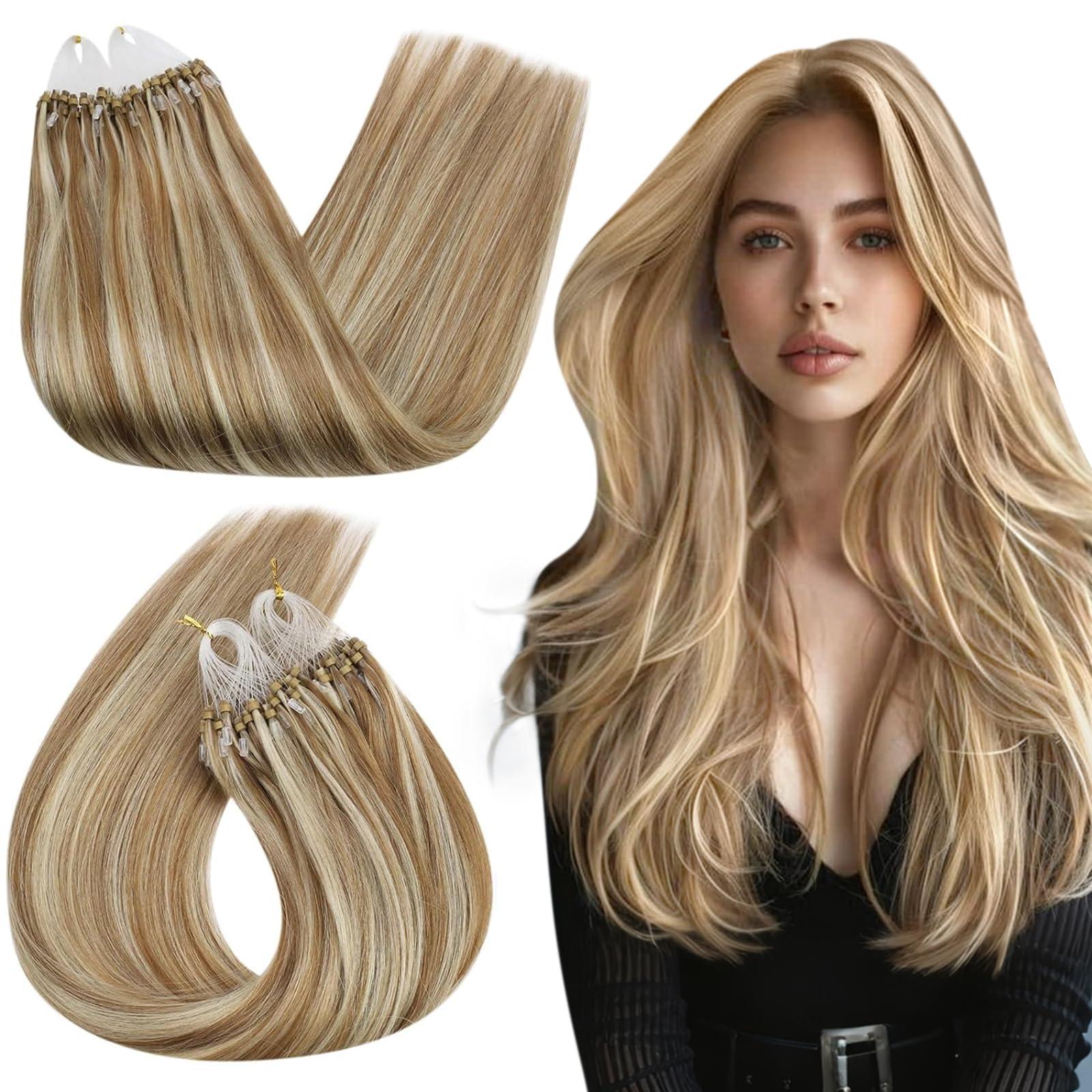 Ugeat Ugeat Micro Loops Hair Extensions Golden Brown Highlights Bleach Blonde Micro Bead Hair Extensions Highlight Real Human Hair Micro Rings Hair Extensions Straight Hair 22 Inch 50g 50s