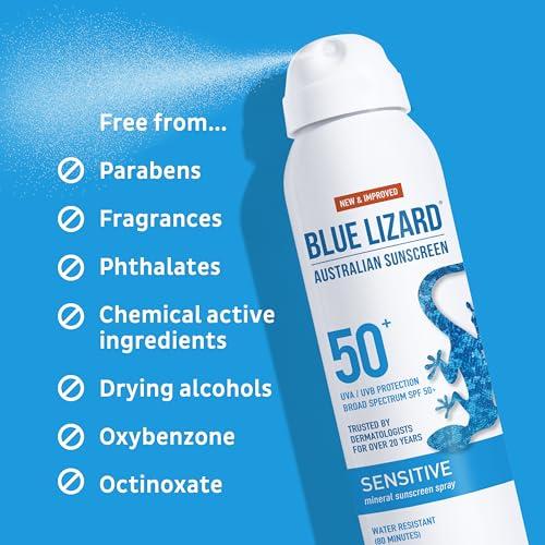 BLUE LIZARD Blue Lizard Sensitive Mineral Sunscreen Spray SPF 50+, Dermatologist-Recommended Brand, Broad-Spectrum UVA/UVB Protection, Water-Resistant, Zinc Oxide Formula, 5 fl oz (Pack of 2)