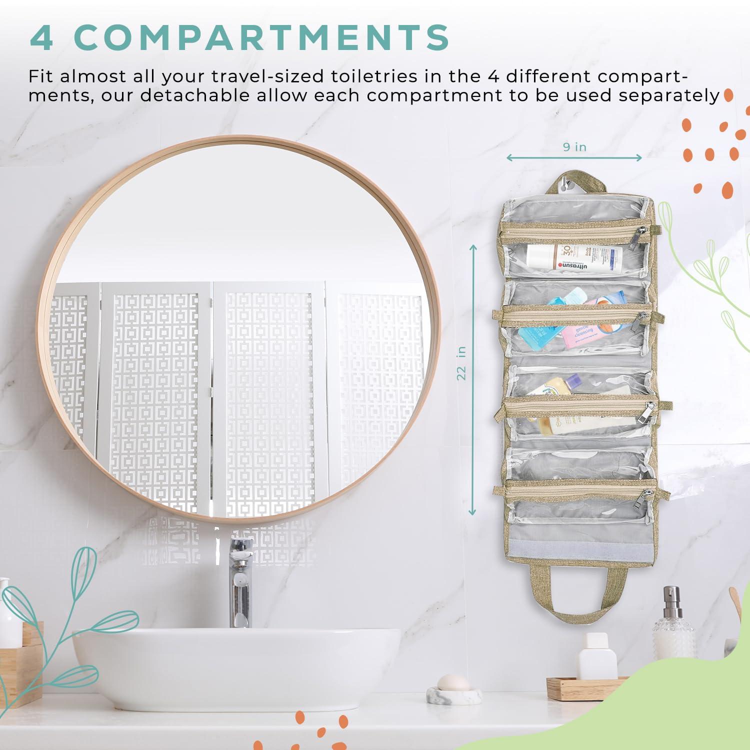 Ceshain 4-in-1 Hanging Toiletry bag - Roll-Up Makeup Bag - 4 Detachable PVC Zip Pouches 600D Oxford Fabric, Versatile Travel Toiletry Organizer Bag - Makeup, Cosmetics, First Aid, Medicine Personal Care,