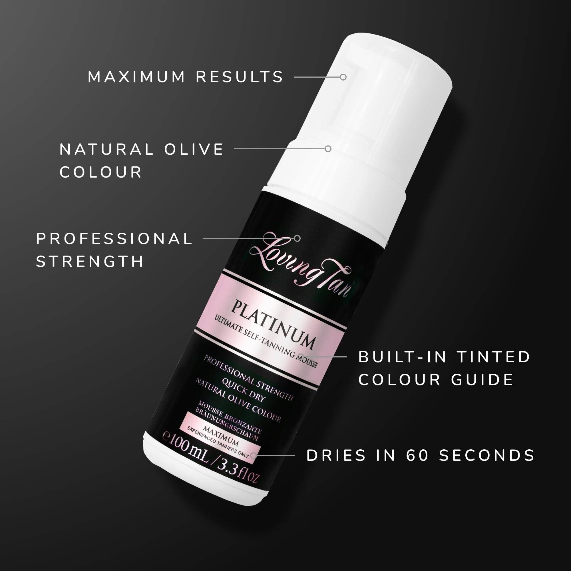 Loving Tan Loving Tan Platinum Mousse, Dark - Streak Free, Natural Looking, Professional Strength Sunless Tanner - 5+ Self Tan Applications per Bottle, Cruelty Free, Naturally Derived DHA - 3.3 Fl Oz