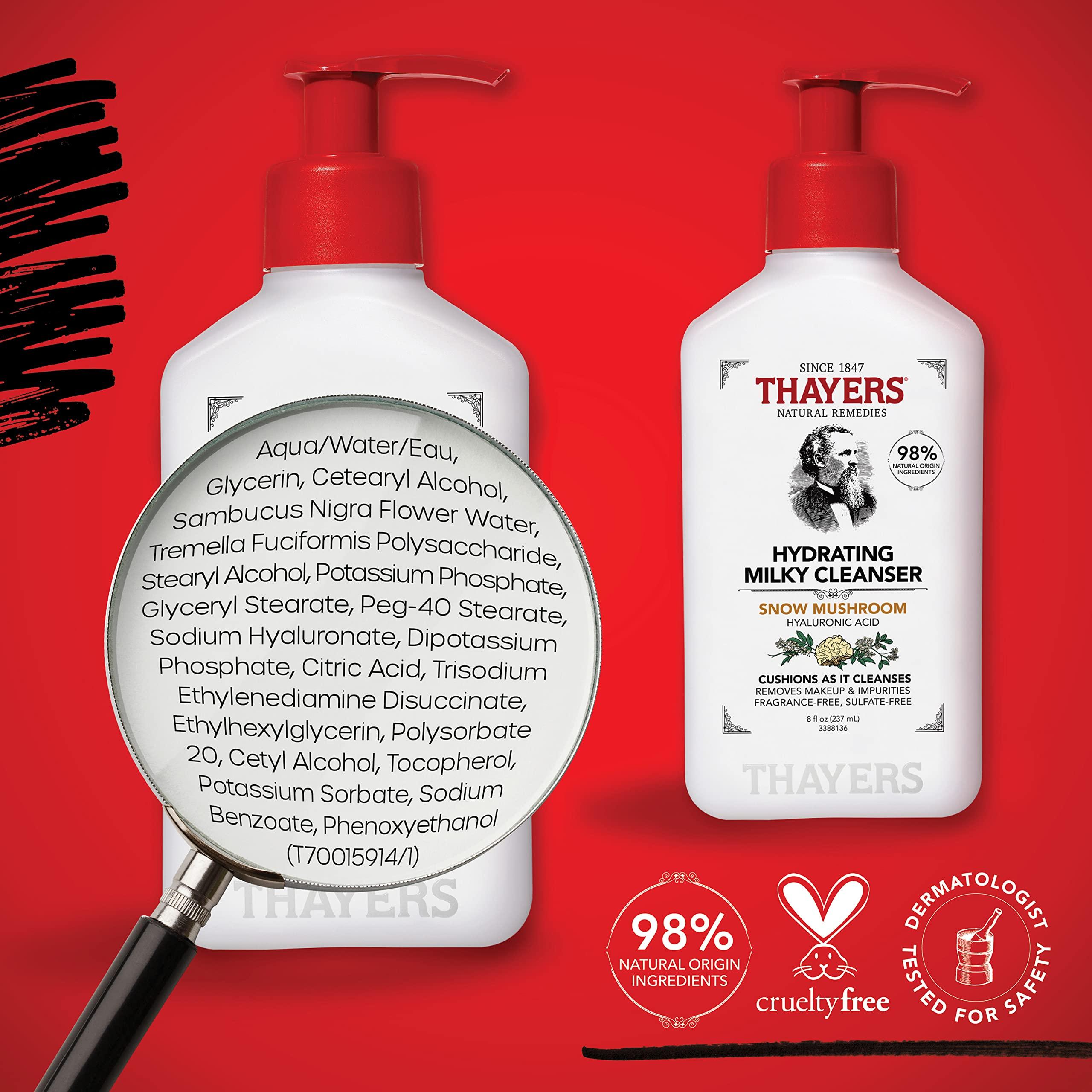 THAYERS Thayers Milky Face Cleanser with Snow Mushroom, Hyaluronic Acid - Gentle, Hydrating, Dermatologist Recommended for Dry, Sensitive Skin - Paraben Free, 8 oz