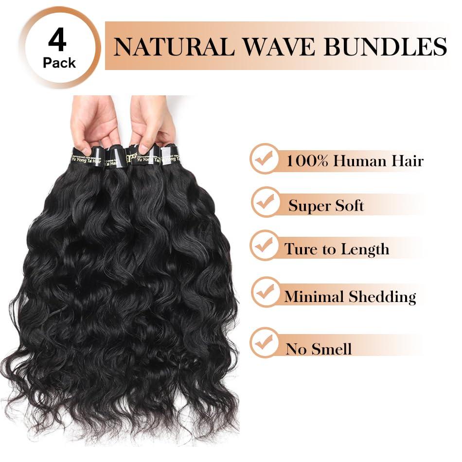 Yuyongtai Natural Wave Bundles Human Hair 18 20 22 24 Inch 100% Unprocessed 4 Bundles Brazilian Virgin Natural Wave Bundles Deals Human Hair