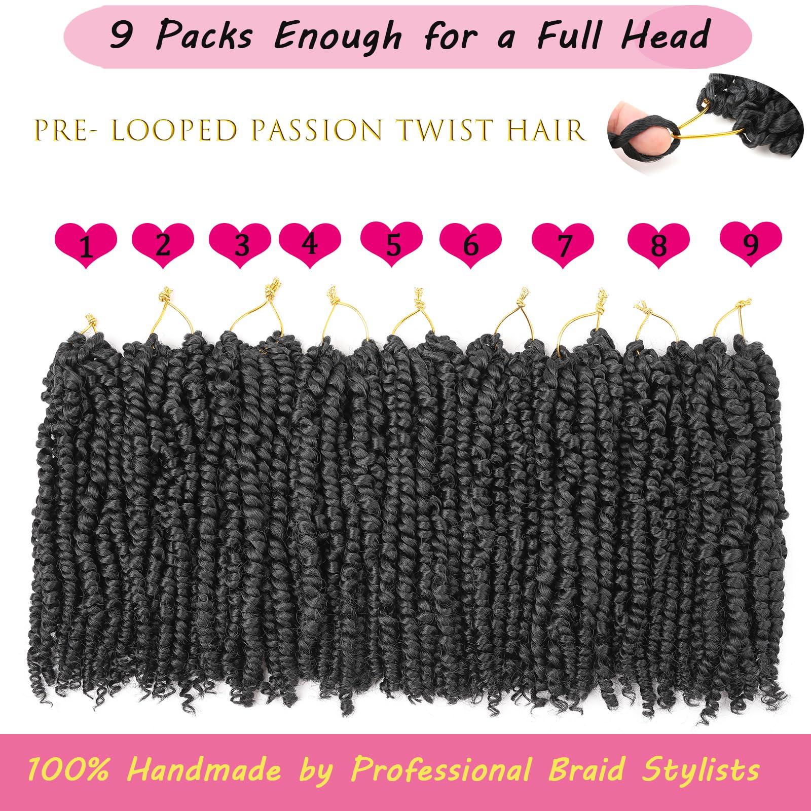 Zoewan Passion Twist Hair 10 Inch 9 Packs Passion Twist Crochet Hair for Black Women Pre Looped Short Passion Twist Hair Pre-twisted Bohemian Passion Twists Braiding Hair for Kids and Girls (10 Inch,1B)