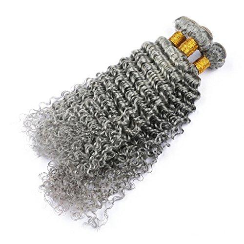 General Cloud Hair Pure Grey Deep Wave Brazilian Hair Bundles with Frontal Silver Grey Deep Wavy Human Hair Wefts 3 Bundles with Full Lace Closure 13x4 Gray Colored Hair Weaves (12 14 16 with 10)