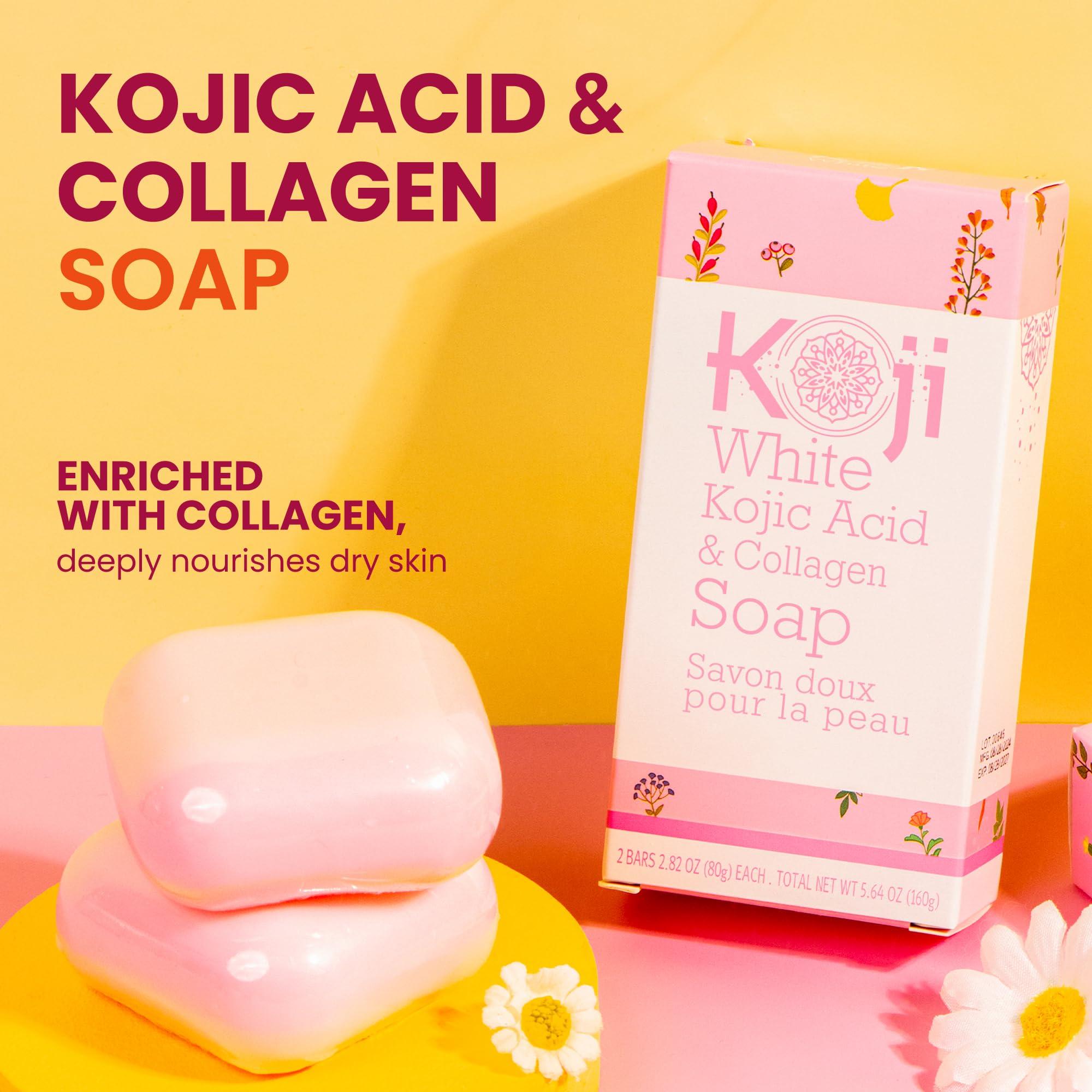 Koji White Koji White Kojic Acid & Collagen Skin Brightening Soap for Face & Natural Glowing Skin - Moisturizer, Body Cleansing Bar, Reduce the Appearance of Wrinkles, Vegan, Paraben-Free, 2.82 oz (2 Bars)