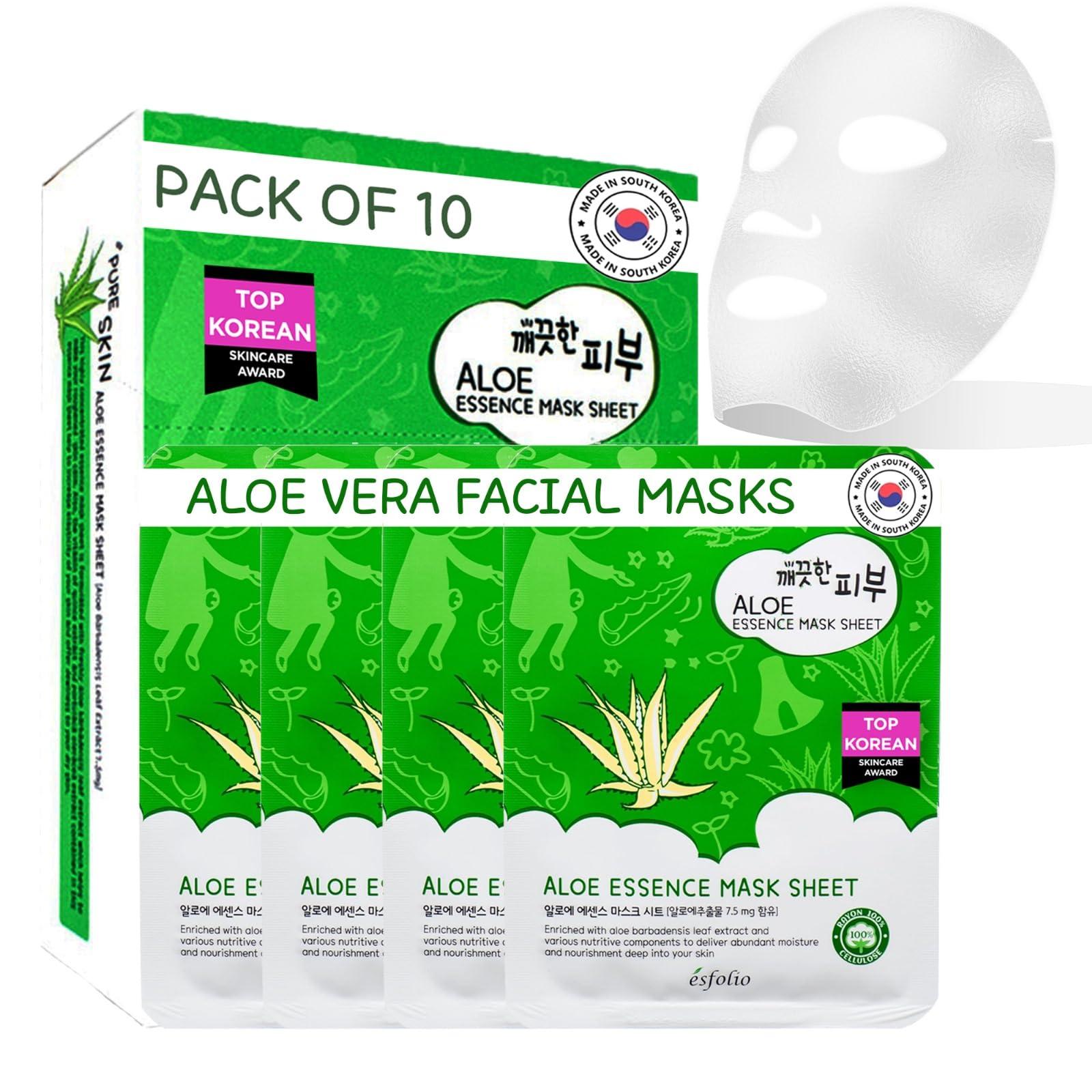 esfolio Esfolio Pure Skin Aloe Vera Essence Mask Sheet  Hydrating & Soothing Korean Face Mask for Dry, Sensitive, Sun-Exposed Skin  Moisturizing, Calming Skincare for Redness Relief Skin Repair (Pack of 10)