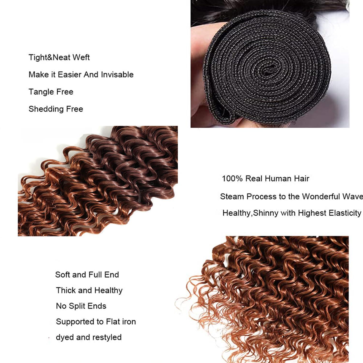 Juesoary 1B430 Bundles Deep Wave Human Hair Bundles 1 Bundles Three Tone Brown Human Hair Bundle Double Weft No Tangle Hair Bundle Unprocessed Virgin Hair Hair Extensions For Women 24 Inch