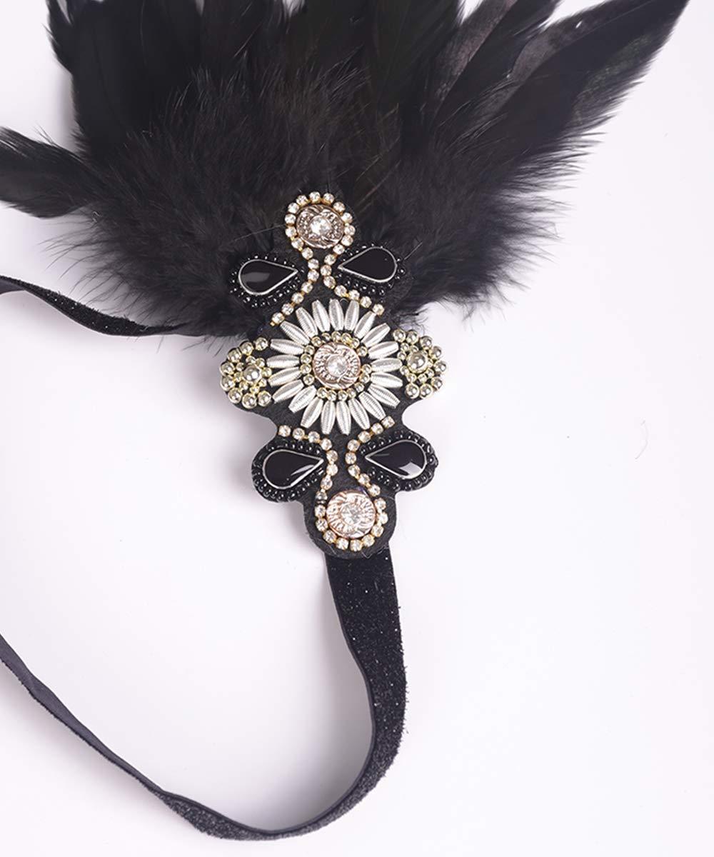 Aimimier Aimimier 1920s Flapper Feather Headband Black Beaded Crystal Headpiece with Elastic Band Costume Hair Accessories for Women