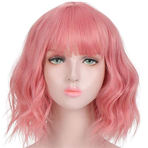 SSJFZM Short Water Wave Wigs Synthetic Bob Wig Hair With Neat Bang Bulk Hair For Black Women Pink Brown Blue Purple For Choose Brown-black 14inches