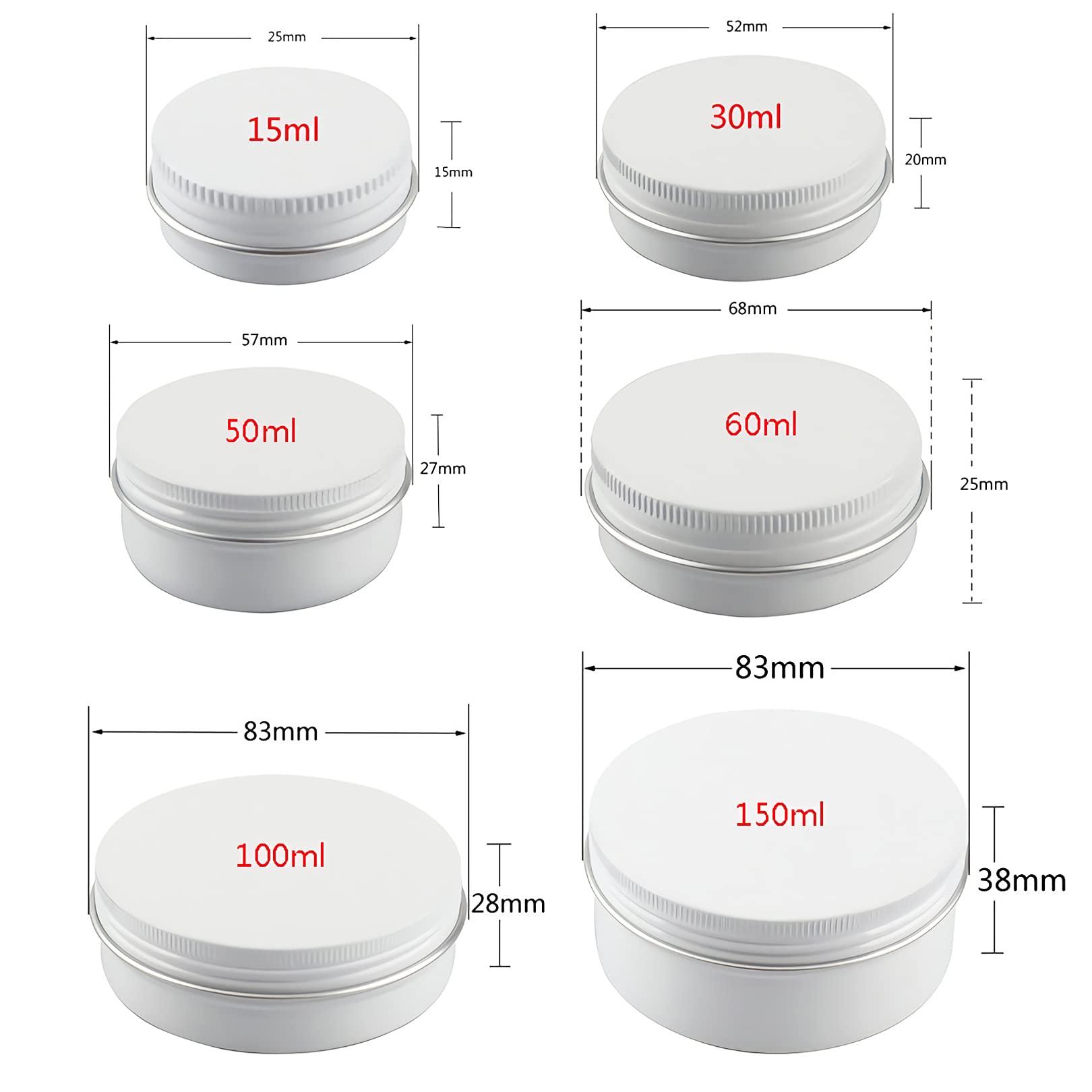 Dlibuy DLIBUY 50 Pcs 100ml 100g Empty Round White Aluminum Tin Jars with Screw Lids Cosmetics Lip Balm Containers Pots for DIY Candle Salve Powder Crafts Storage Cans 3x Alu Spoon, 50x Ø 7cm Labels