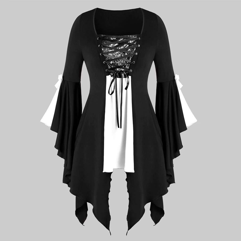 Aniywn Aniywn Plus Size Womens Halloween Tops, Flare Long Sleeve Sequined Lace Up Gothic Costume Tunic Tee Shirt White
