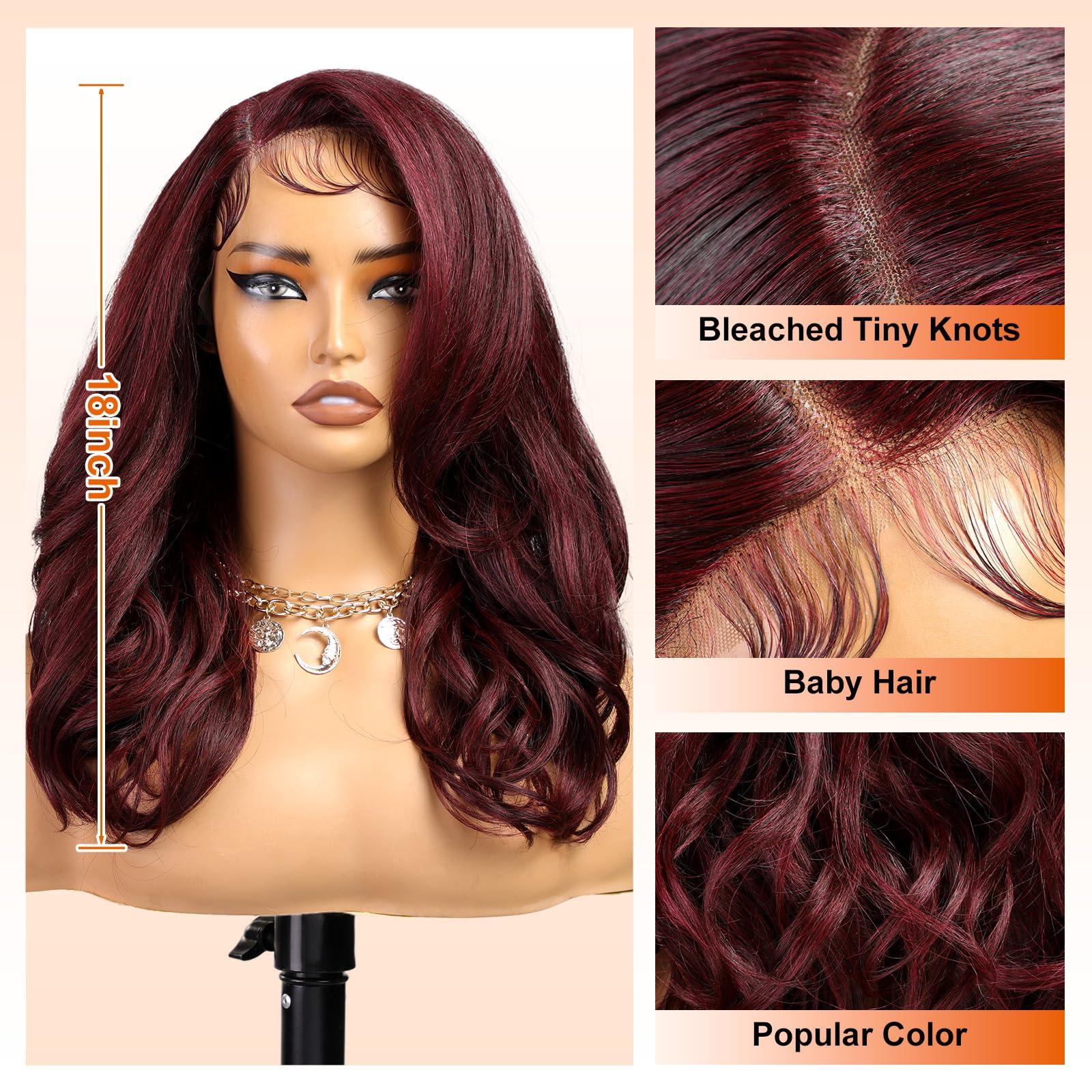 KOME KOME Burgundy Synthetic Lace Front Wig,13X5X1 Shoulder Length Body Wave Pre Plucked Glueless Bob Wigs for Women Daily Use 18IN