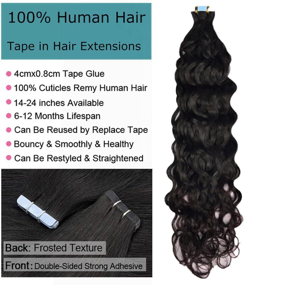 Kiss darling LASHES Water Wave Tape in Hair Extensions Remy Human Hair 8inch 100g 40pcs Natural Wavy Curly Tape in Hair Extensions Human Hair Wet& Wavy Tape in Hair Extensions