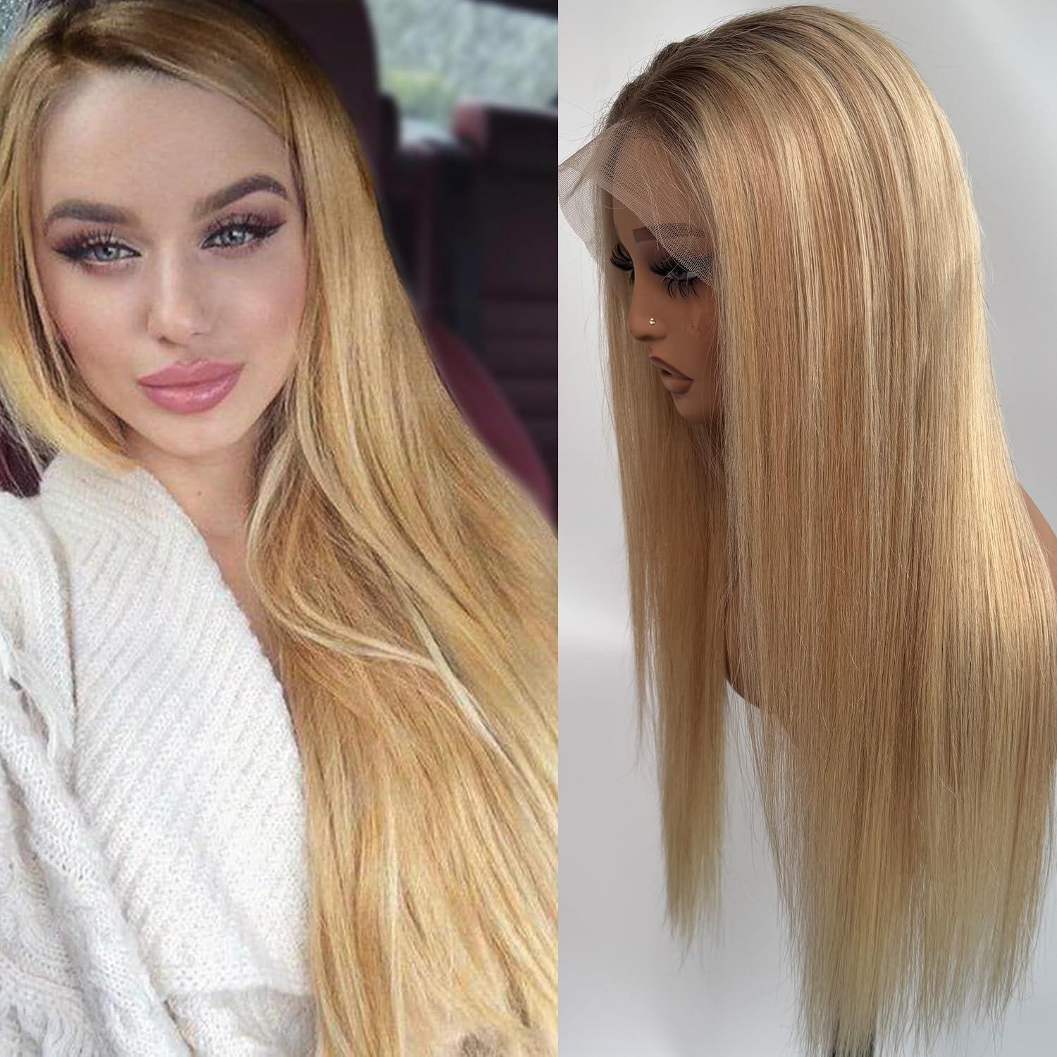 Valiilo Valiilo Blonde Balayage Wig Human Hair 13x4 Lace Front Wig Brown Roots Free Part 24 Inch Golden Brown Mixed 613 Blonde Highlights Human Hair Wig