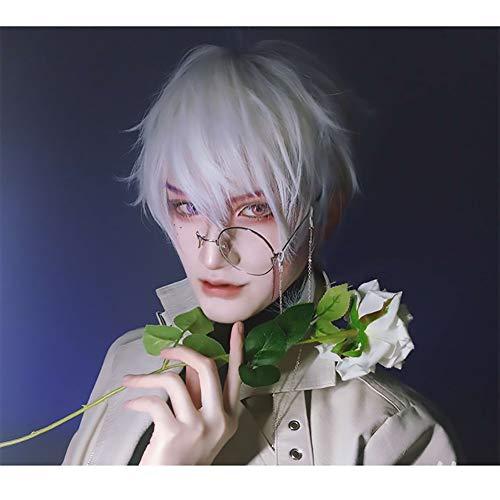 WYH Human Hair Wigs Mens Wig Cosplay Costume Fluffy Wavy Wigs White Wig Synthetic Hair Fancy Dress Stylish Party Youngs Freetress Wigs (Color : White)