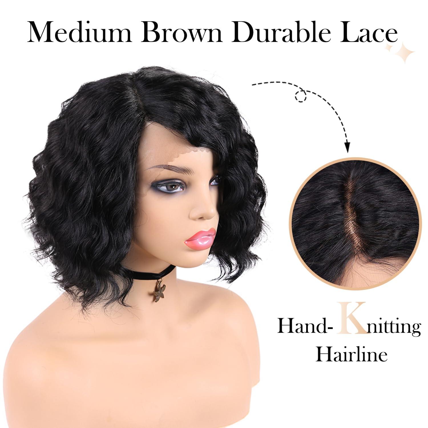 WIGER WIGER Short Curly Lace Frontal Human Hair Wigs for Black Women Black HD Lace Curly Bob Lace Front Hair Transparent Lace Glueless Human Hair Wigs Water Wave Closure Wigs (12 Inches)