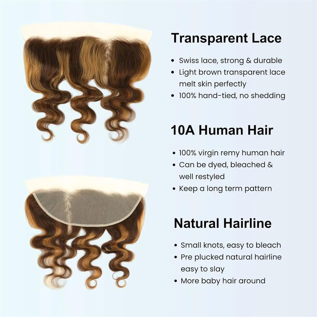 Wjnvfioo Bundles Frontal Body Wave Bundle Lace Frontal Closure Natural Brazilian Human Hair P4-27 20 20 20 Closure16#13\" x 4\"#Remy Hair