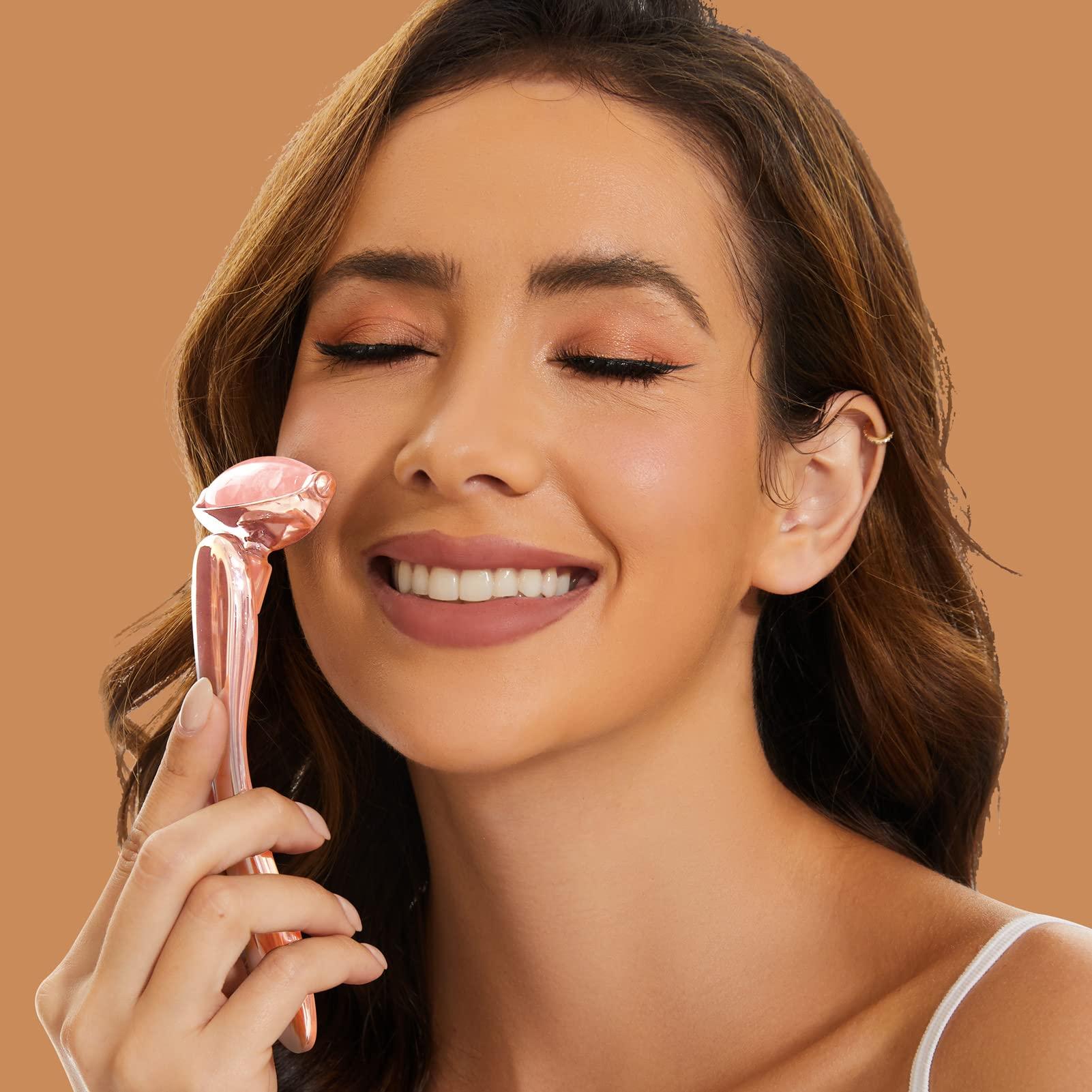 ROMALOVE ROMALOVE Jade Facial Roller, Jade Face Roller Massager with 3 Interchangeable Heads for Women Routine Skin Care, Reduce Puffiness Wrinkling Rejuvenate Skin (Pink Roller + Rose Gold)