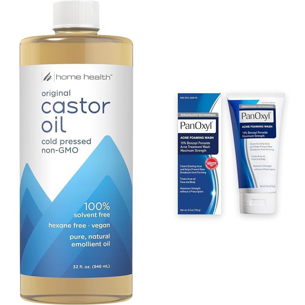 Home Health Home Health Castor Oil 32 Oz & PanOxyl 10% Benzoyl Peroxide Acne Foaming Wash 5.5 Oz Bundle