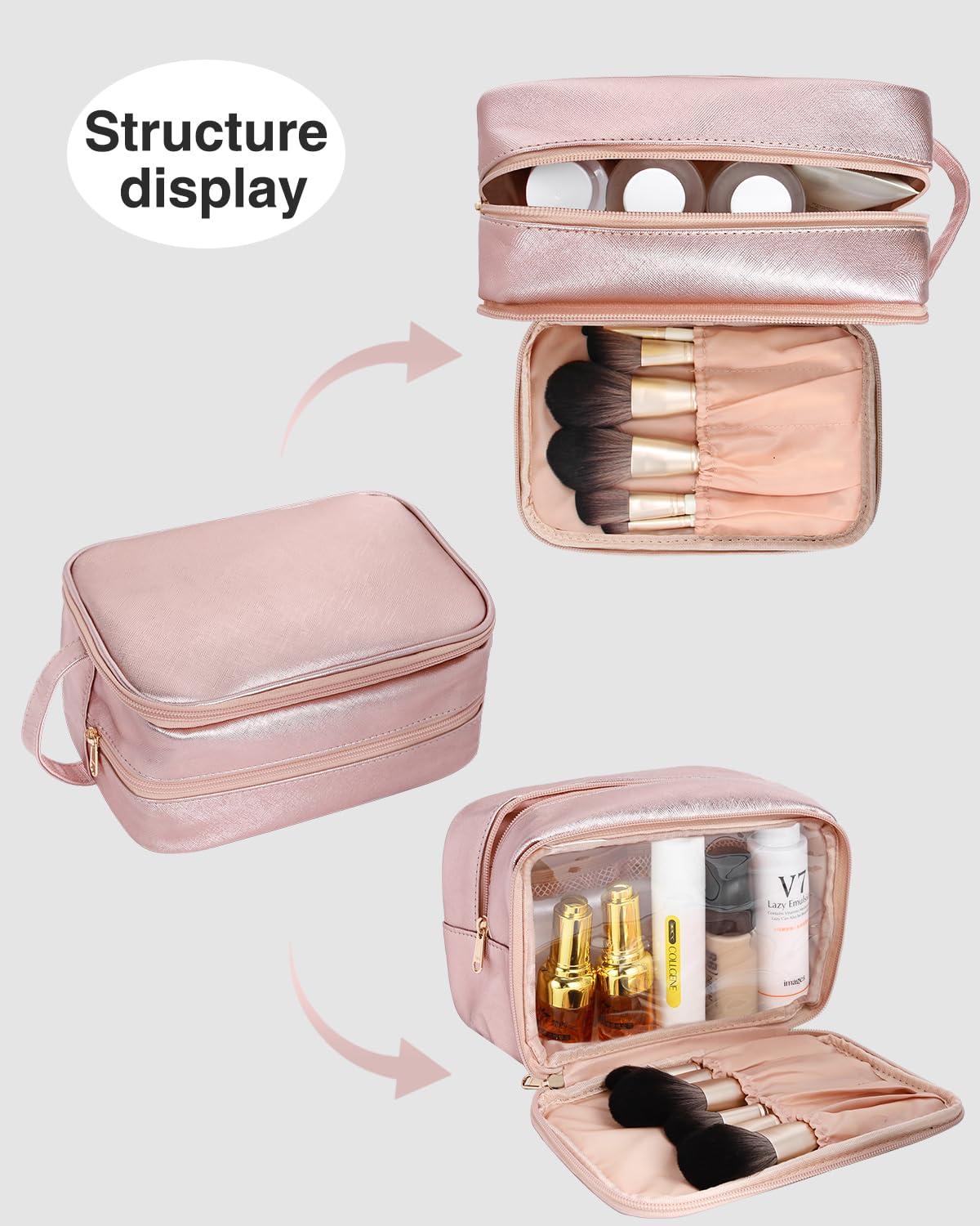 MONSTINA MONSTINA Travel Makeup Bag,Double Layer Toiletry Organizer Women Makeup Brush Bag Cosmetic Case Portable Large Wide-open Pouch Brush Holder Purse Bag