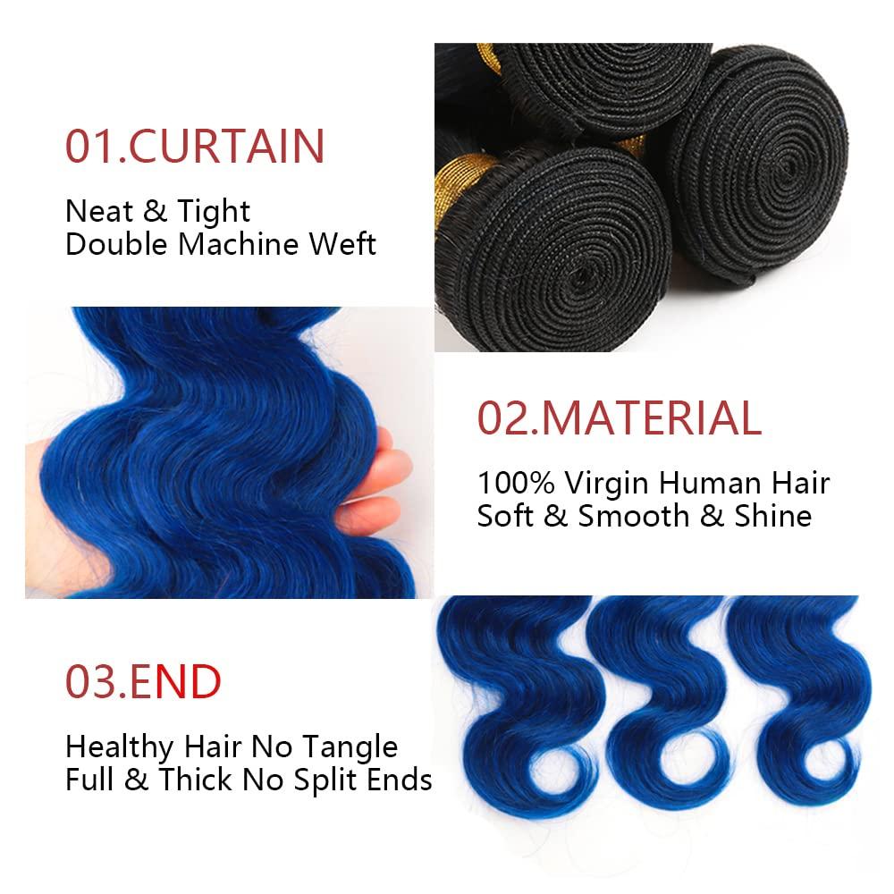 lorauroga Ombre Blue Human Hair Bundles Body Wave Bundles Tow Tone Black To Blue Hair Bundle 8a Grade Unprocessed Virgin Hair Extensions For Women 12 14 16 Inch