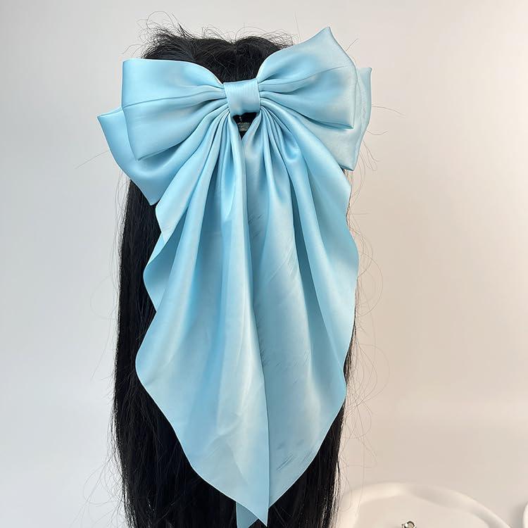 SALOCY SALOCY Blue Hair Bows,2 PCS Satin Hair Bows Clip Big Blue Bow for Women Hair Ribbons Long Tail Hair Bow Hair Barrettes for Wedding Prom Party Charm (Light Blue,Royal Blue)