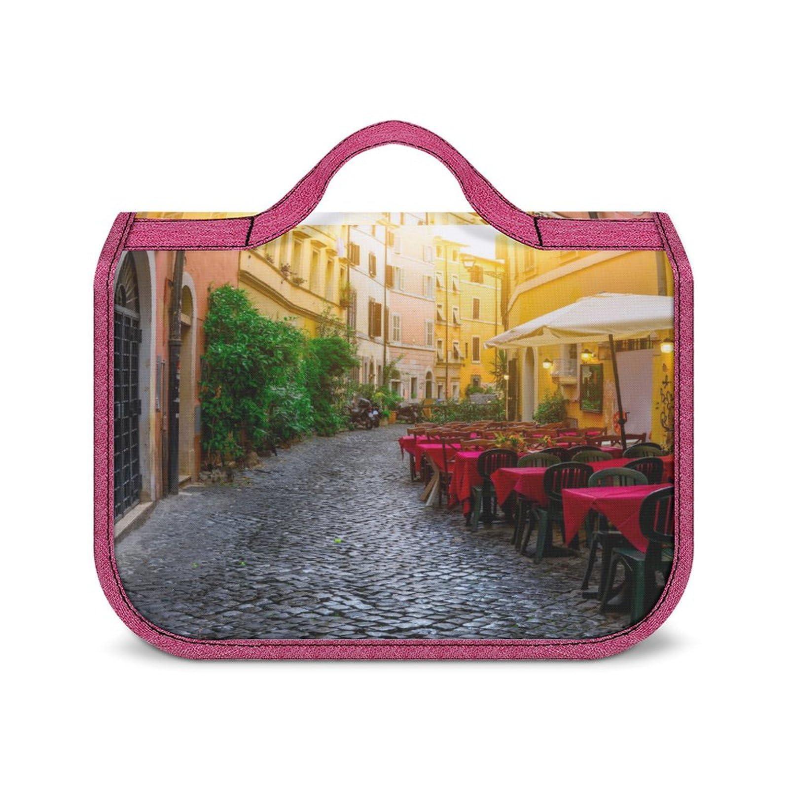 AXEDENRRT1966 Italian City Cozy Old Street Makeup Bag Travel Toiletry Bag Waterproof Cosmetic Bag with Portable Hook Handbag, style, 20240328