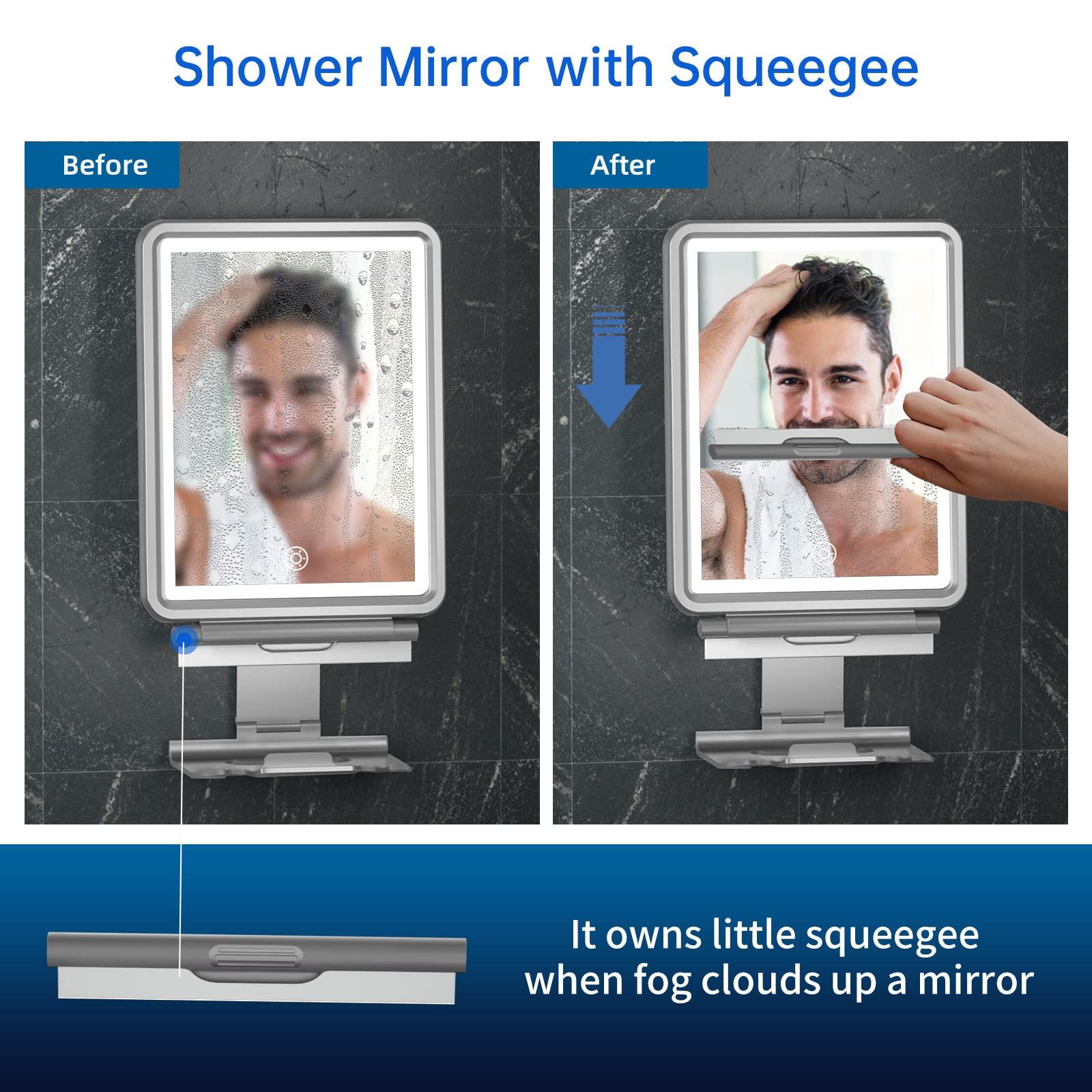 COSMIRROR COSMIRROR Shower Mirror Fogless for Shaving with Squeegee to Keep Clean or Remove Foggy Mess, Fogless Mirror for Shower Two Mounting Solution, Dimmable Lighting (3 Color Setting)