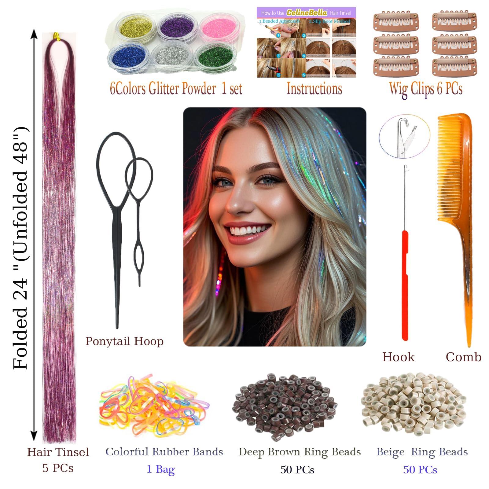 CelineBella CelineBella Pink Hair Tinsel Fairy Hair Extensions Kit Sparkling Shiny Highlights Glitter Light Pink Tinsel Hair Extensions for Women Girls Children