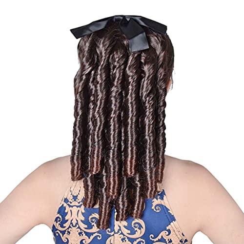 QYUU Regency Ringlet Ponytail Hairpiece with Bow Spiral Curl Synthetic Half Wig Historical Colonial Lady Costume Wig (Dark Brown)