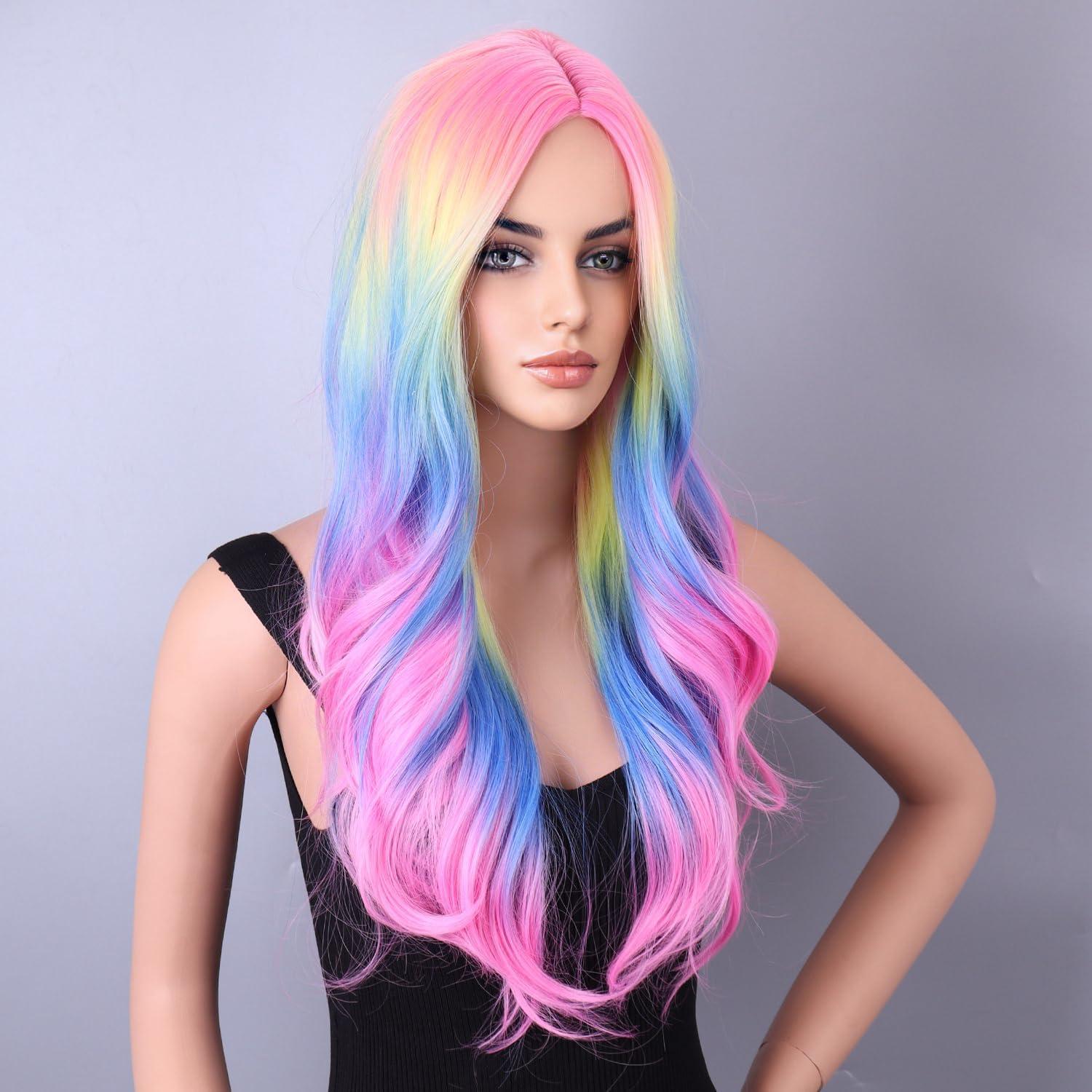 BERON BERON Rainbow Wig Long Wave Wig Colorful Wigs Long Wigs Multi Color Wigs for Women Synthetic Wig for Daily Party Wig Cap Include